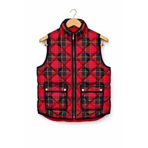 J Crew Puffer Vest Womens Size Medium Red Tartan Plaid Gorpcore Fall Heritage